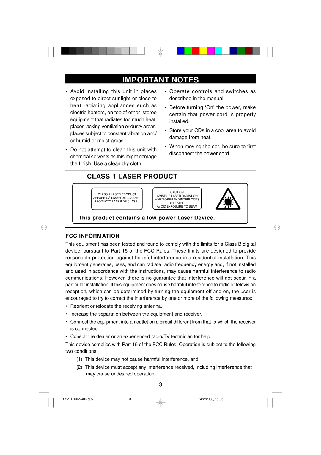 Emerson PD5201 owner manual Important Notes, Class 1 Laser Product 