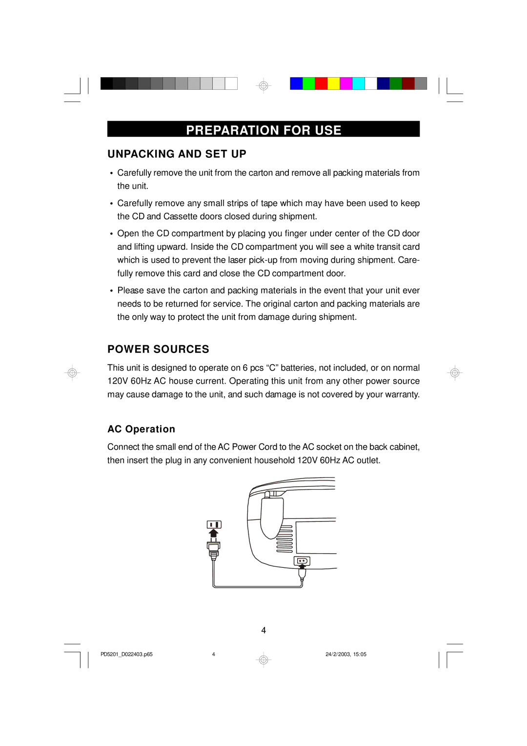 Emerson PD5201 owner manual Preparation for USE, Unpacking and SET UP, Power Sources, AC Operation 