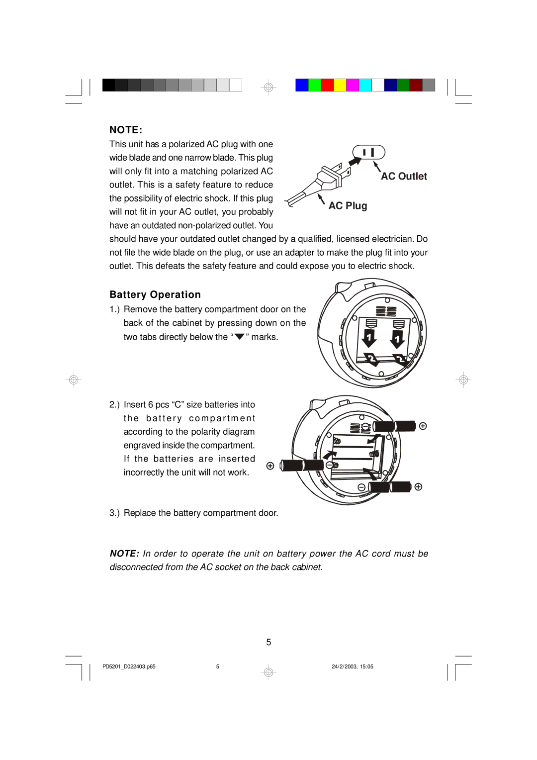 Emerson PD5201 owner manual Battery Operation 