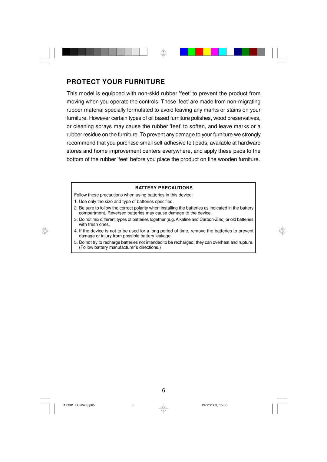 Emerson PD5201 owner manual Protect Your Furniture, Battery Precautions 