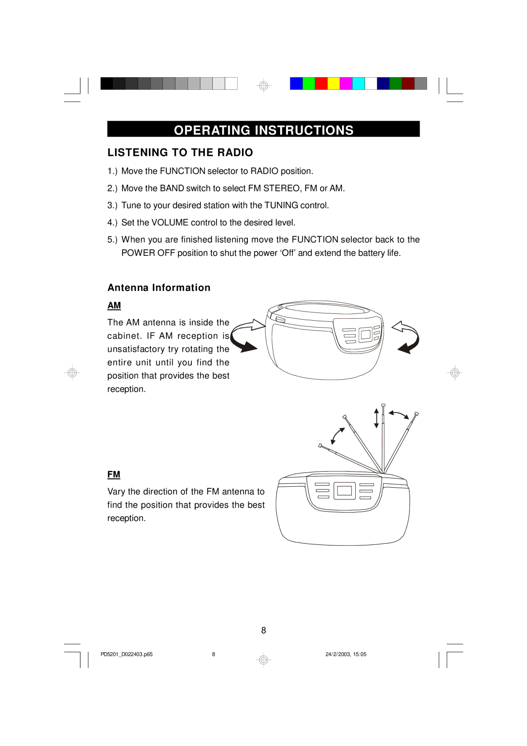 Emerson PD5201 owner manual Operating Instructions, Listening to the Radio, Antenna Information 