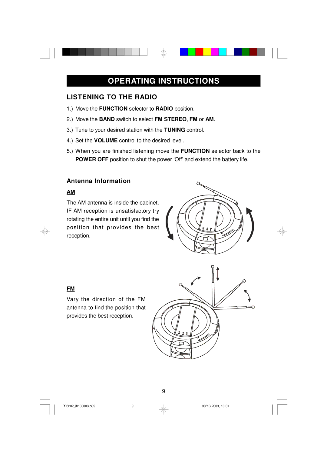 Emerson PD5202 owner manual Operating Instructions, Listening to the Radio, Antenna Information 