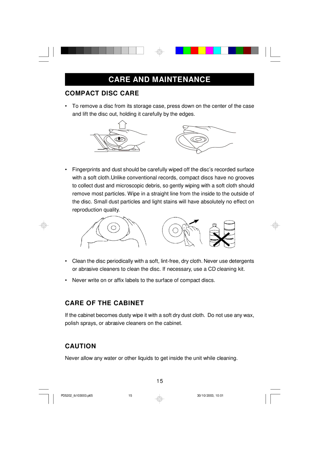 Emerson PD5202 owner manual Care and Maintenance, Compact Disc Care, Care of the Cabinet 