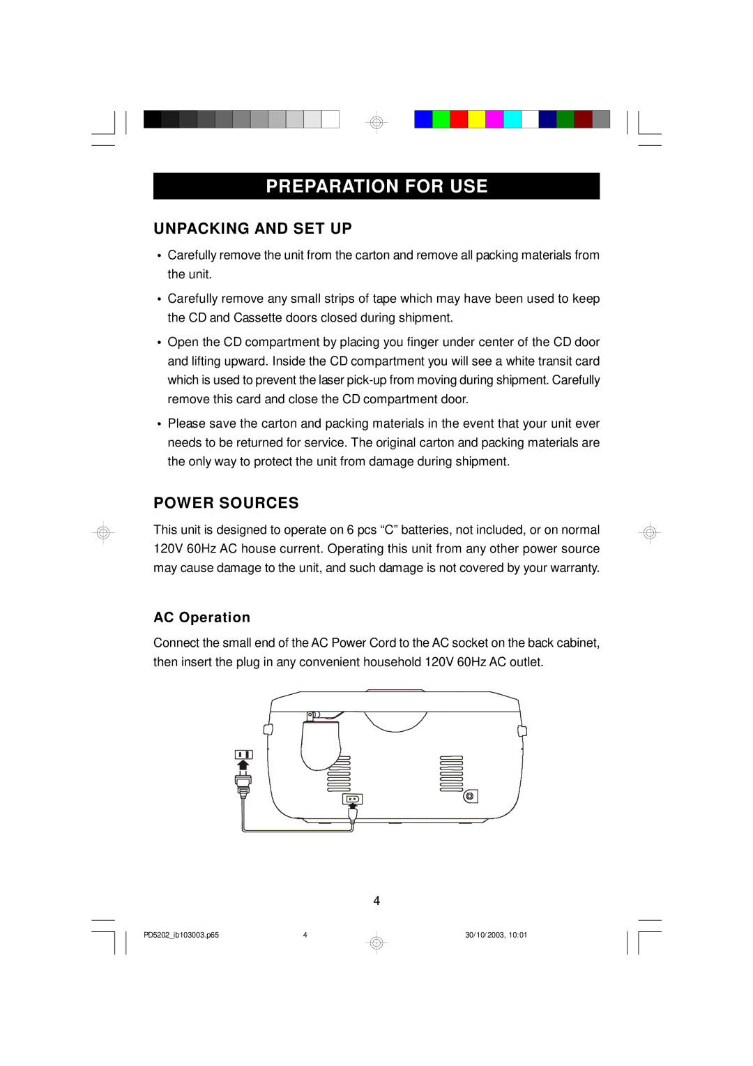 Emerson PD5202 owner manual Preparation for USE, Unpacking and SET UP, Power Sources, AC Operation 