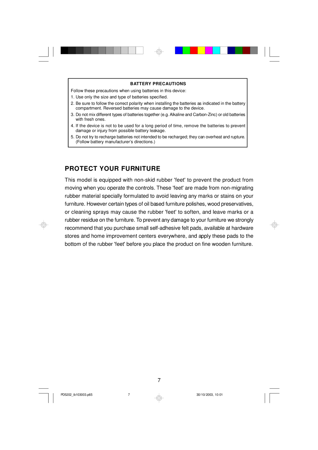 Emerson PD5202 owner manual Protect Your Furniture, Battery Precautions 