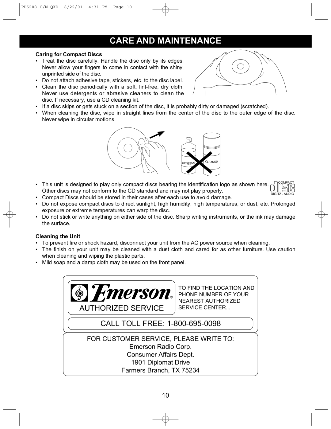 Emerson PD5208 owner manual Care and Maintenance, Caring for Compact Discs 