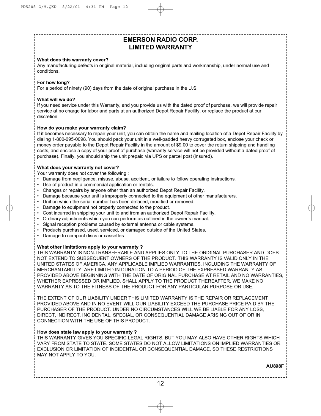 Emerson PD5208 owner manual Emerson Radio Corp Limited Warranty, What does this warranty cover? 