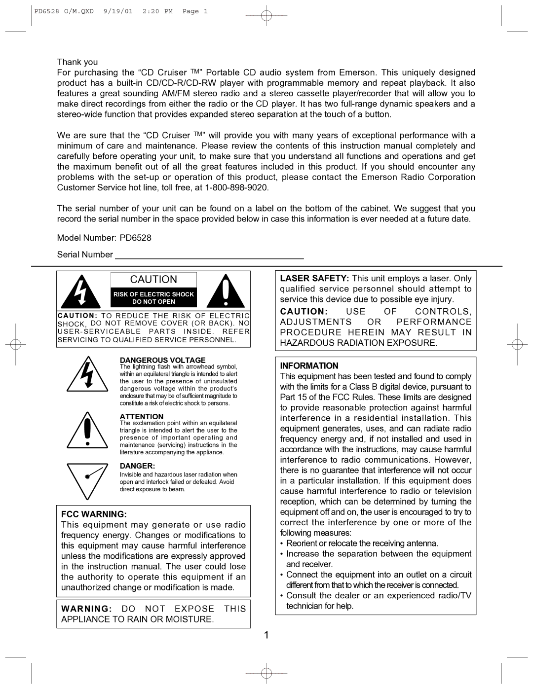 Emerson PD5208 owner manual FCC Warning 