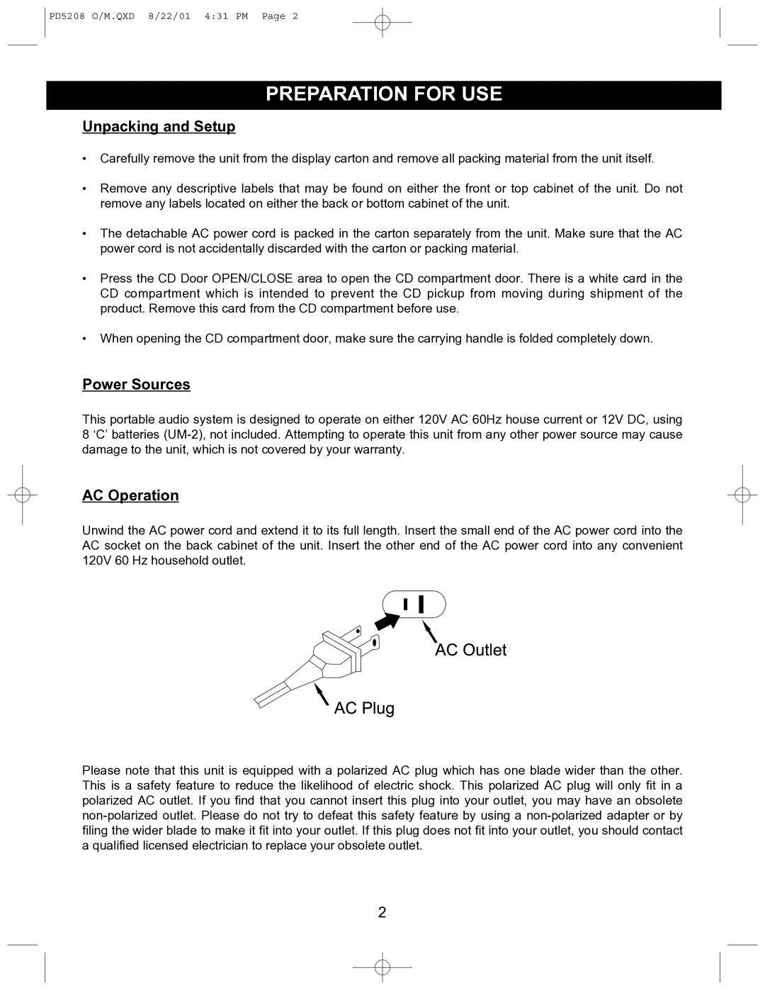 Emerson PD5208 owner manual Preparation for USE, Unpacking and Setup 