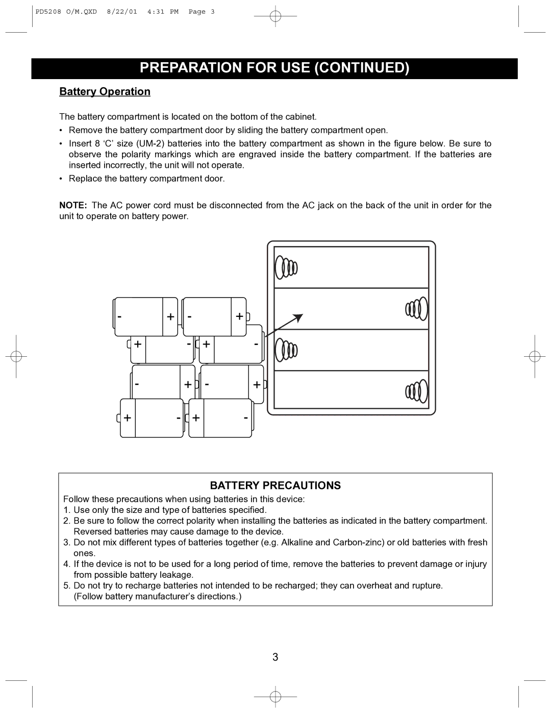 Emerson PD5208 owner manual Battery Operation 