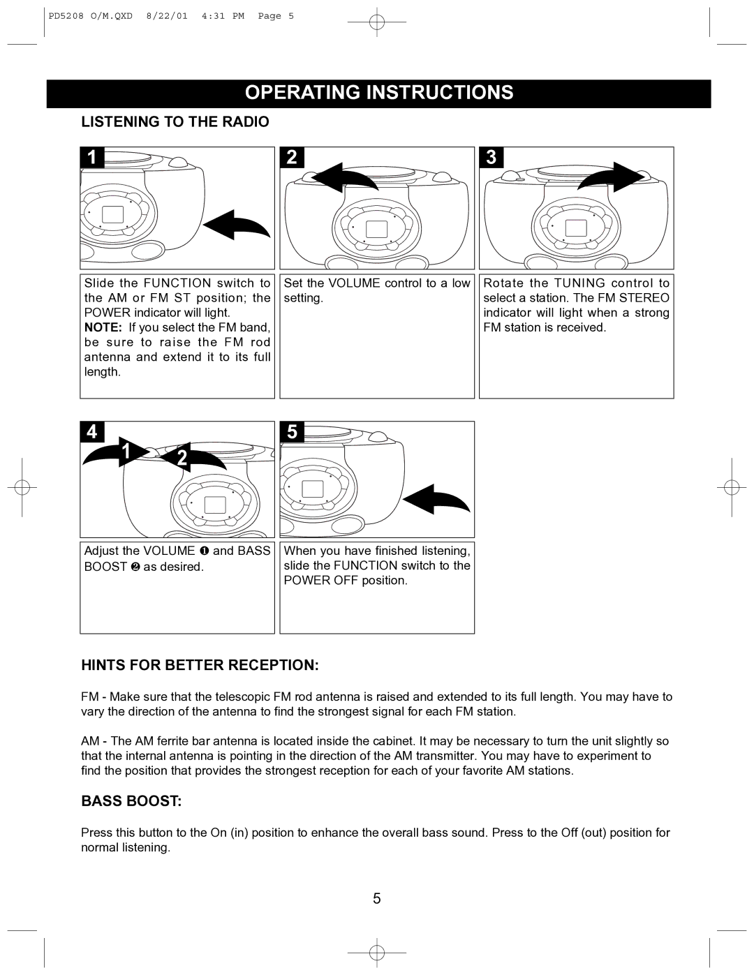 Emerson PD5208 owner manual Operating Instructions, Listening to the Radio, Hints for Better Reception, Bass Boost 