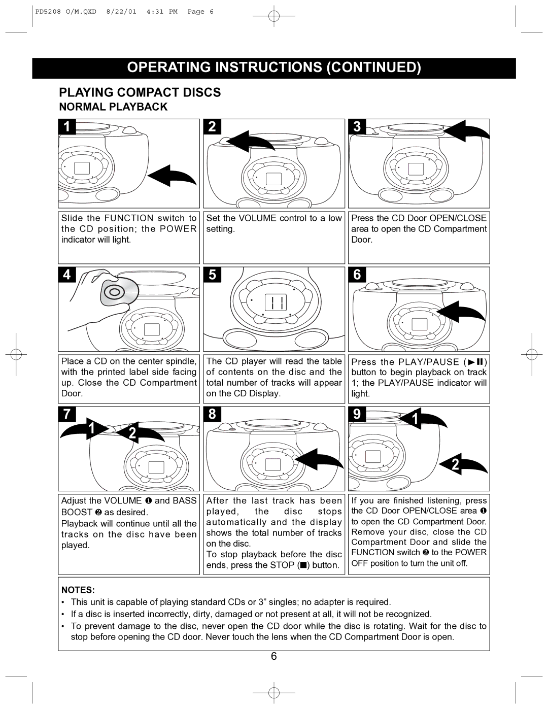 Emerson PD5208 owner manual Playing Compact Discs, Normal Playback 