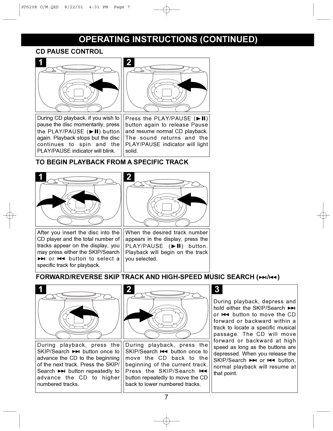 Emerson PD5208 owner manual CD Pause Control, To Begin Playback from a Specific Track 