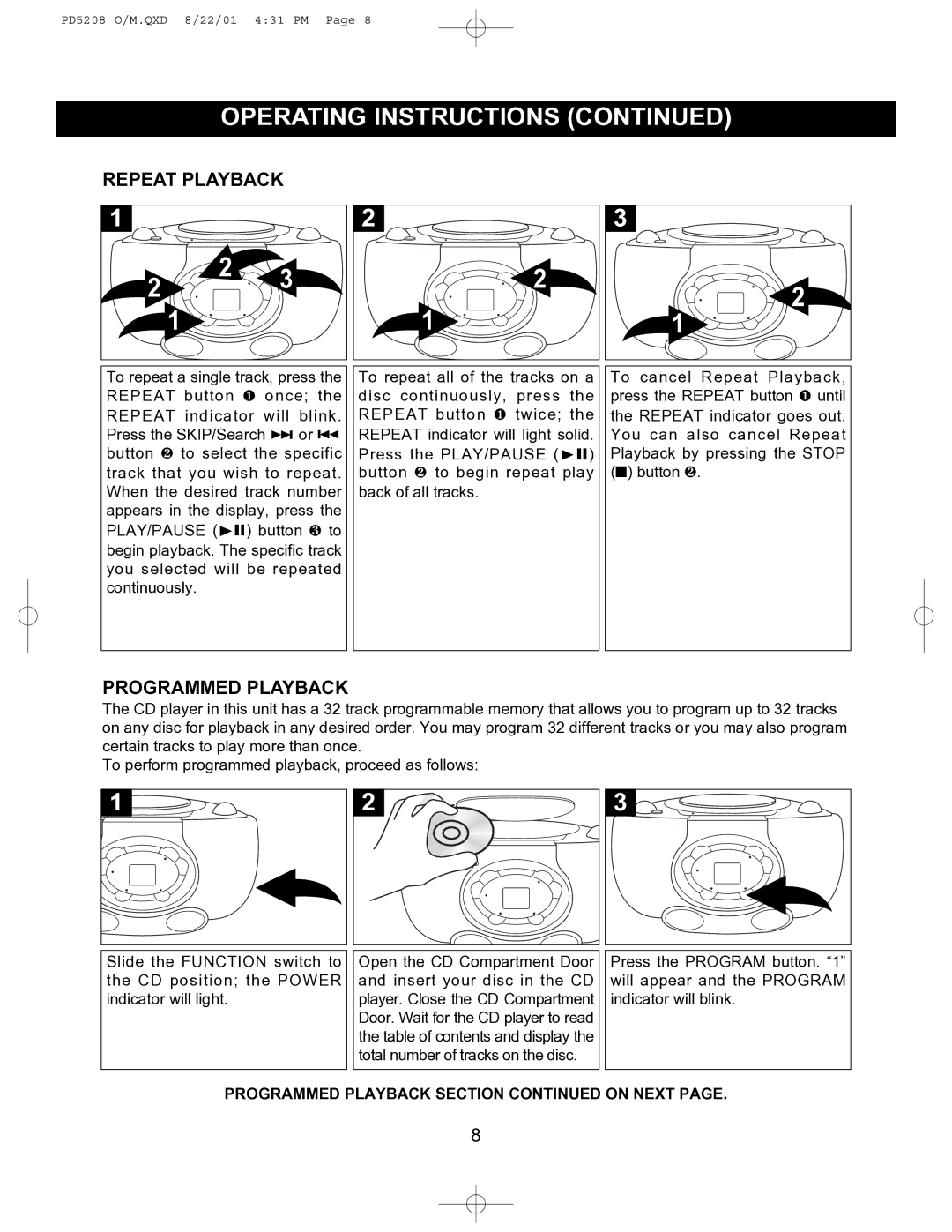 Emerson PD5208 owner manual Repeat Playback, Programmed Playback 