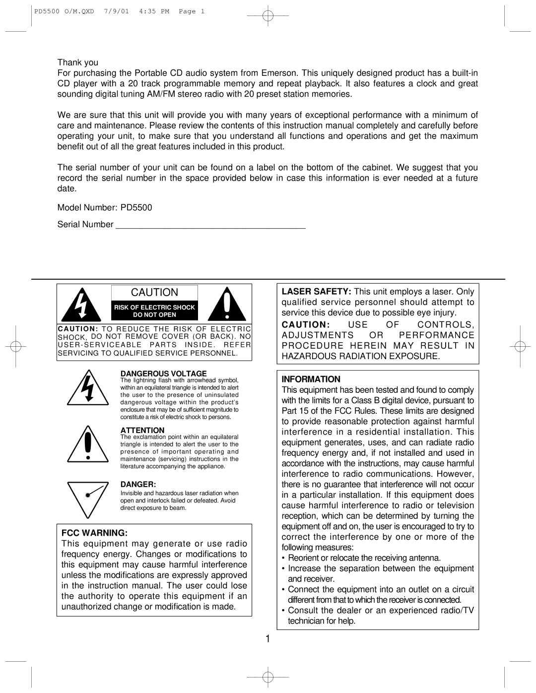 Emerson PD5500 instruction manual FCC Warning 