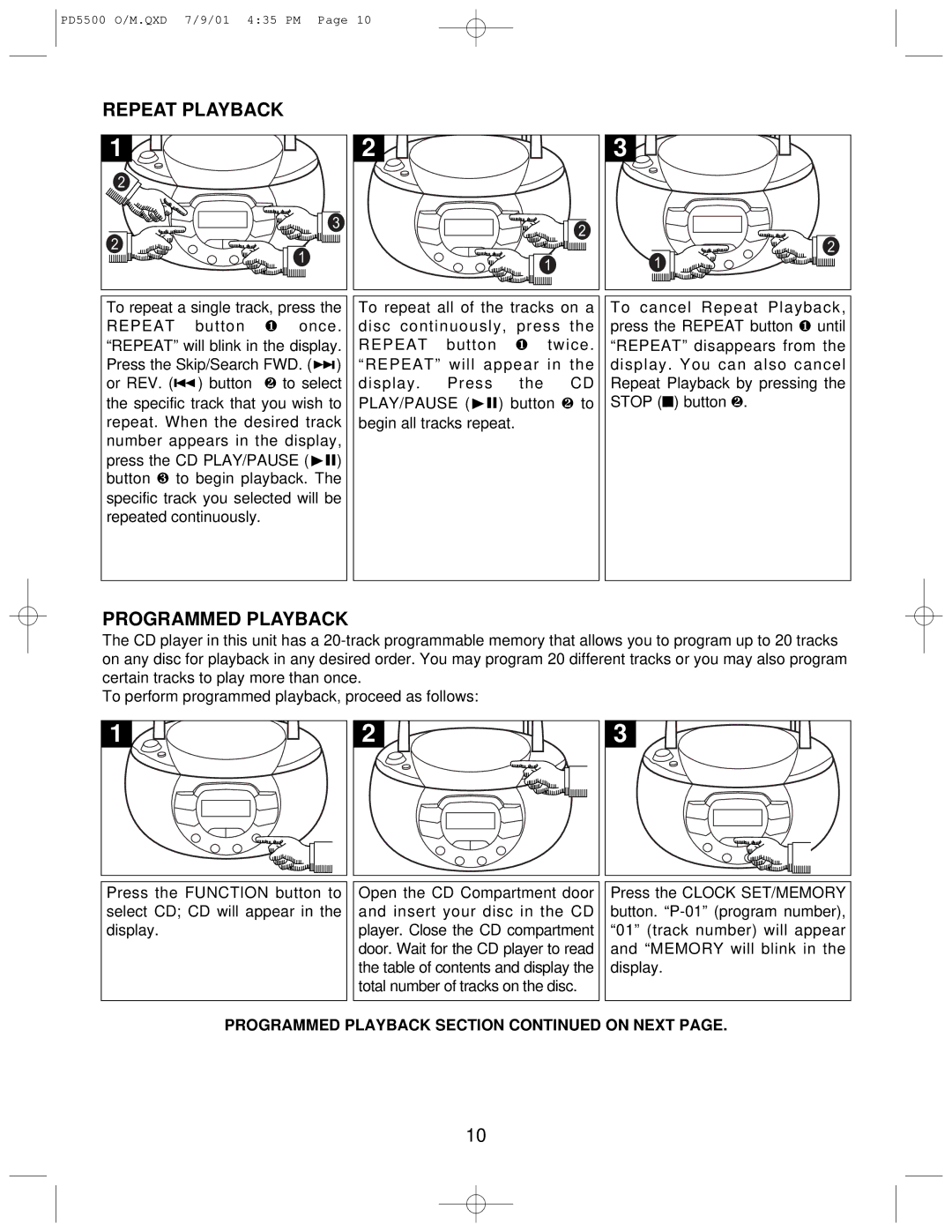 Emerson PD5500 instruction manual Repeat Playback, Programmed Playback 