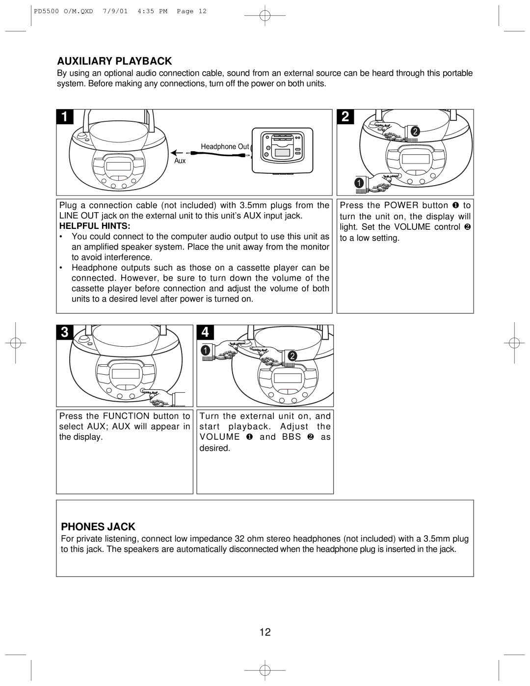 Emerson PD5500 instruction manual Auxiliary Playback, Phones Jack 