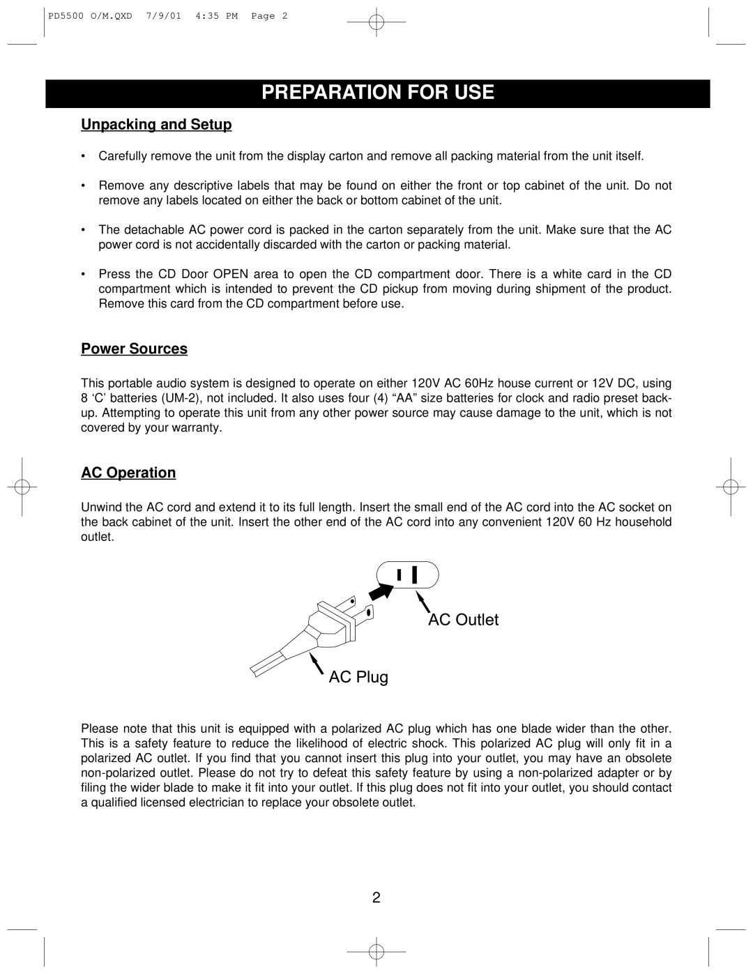 Emerson PD5500 instruction manual Preparation for USE, Unpacking and Setup 