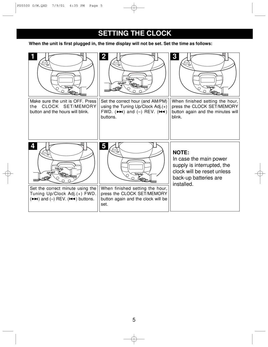 Emerson PD5500 instruction manual Setting the Clock 