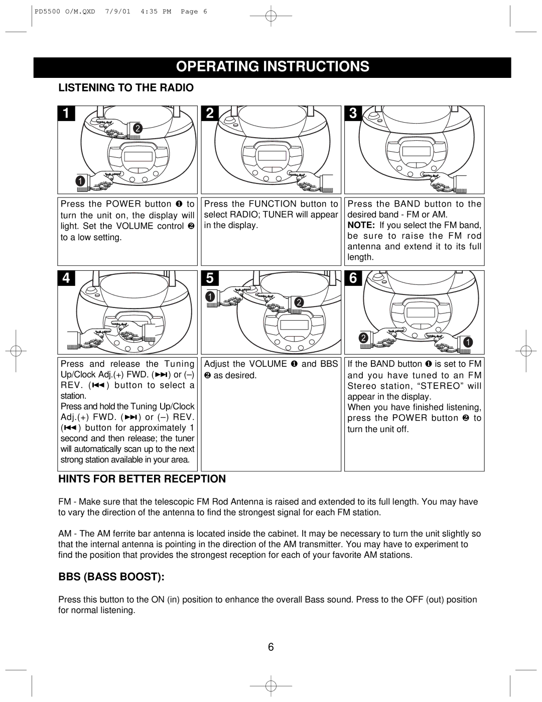 Emerson PD5500 Operating Instructions, Listening to the Radio, Hints for Better Reception, BBS Bass Boost 