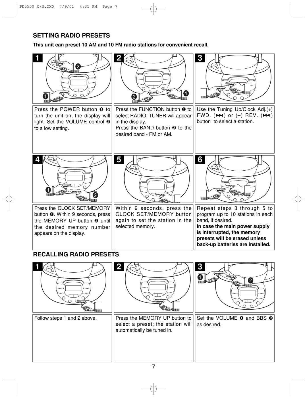 Emerson PD5500 instruction manual Setting Radio Presets, Recalling Radio Presets 