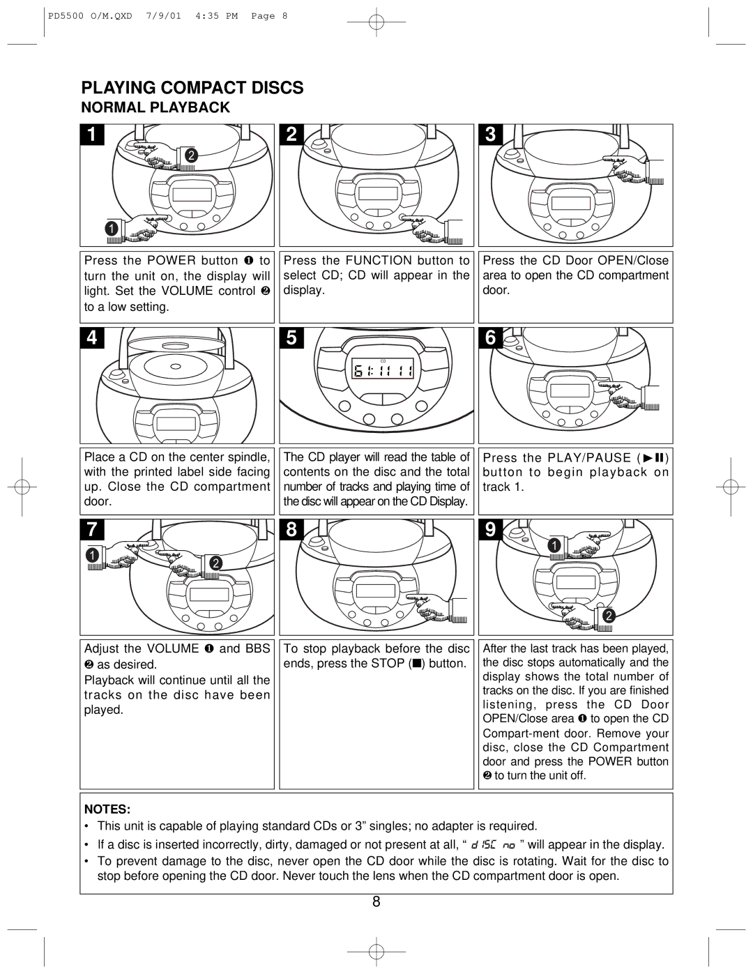 Emerson PD5500 instruction manual Playing Compact Discs, Normal Playback 