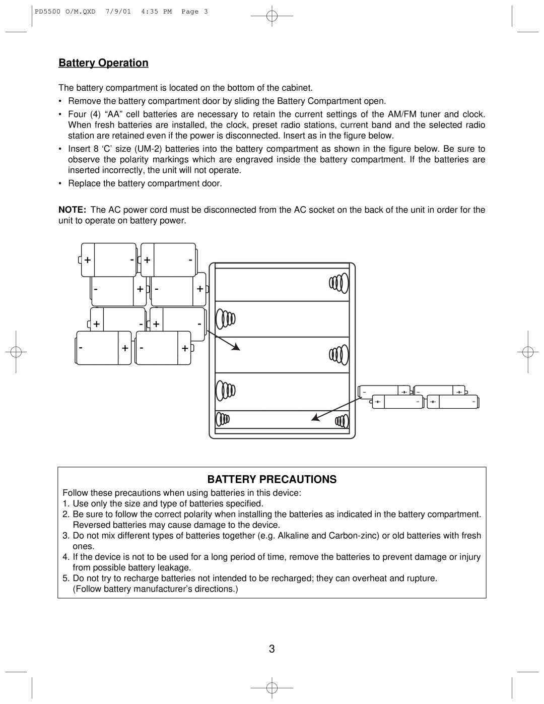 Emerson PD5500 instruction manual Battery Operation, Battery Precautions 