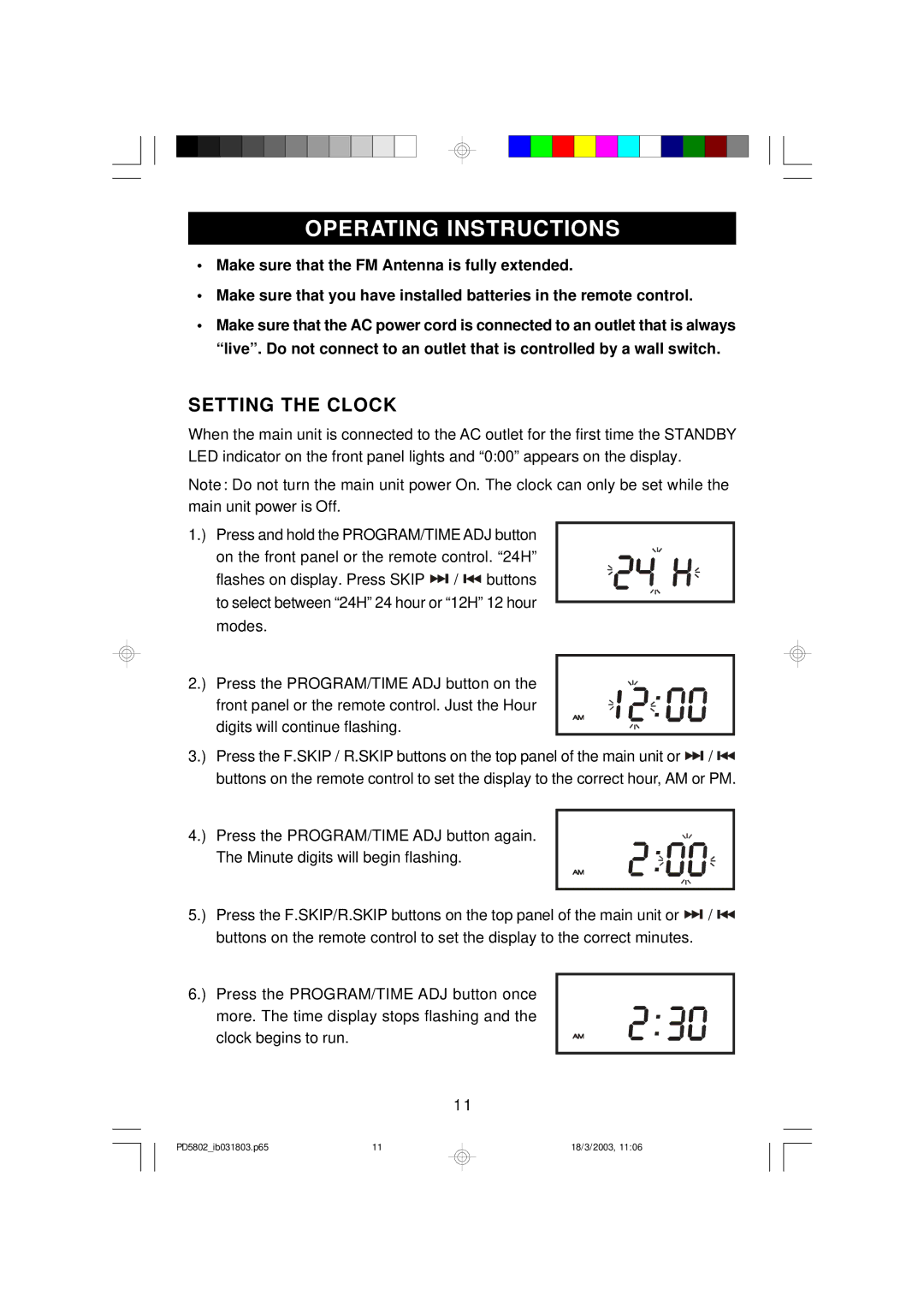 Emerson PD5802 owner manual Operating Instructions, Setting the Clock 