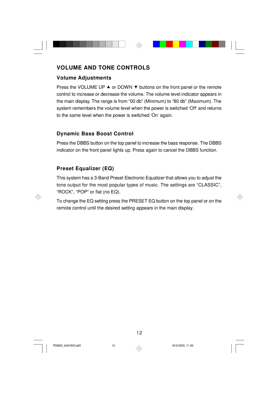 Emerson PD5802 owner manual Volume and Tone Controls, Volume Adjustments, Dynamic Bass Boost Control, Preset Equalizer EQ 
