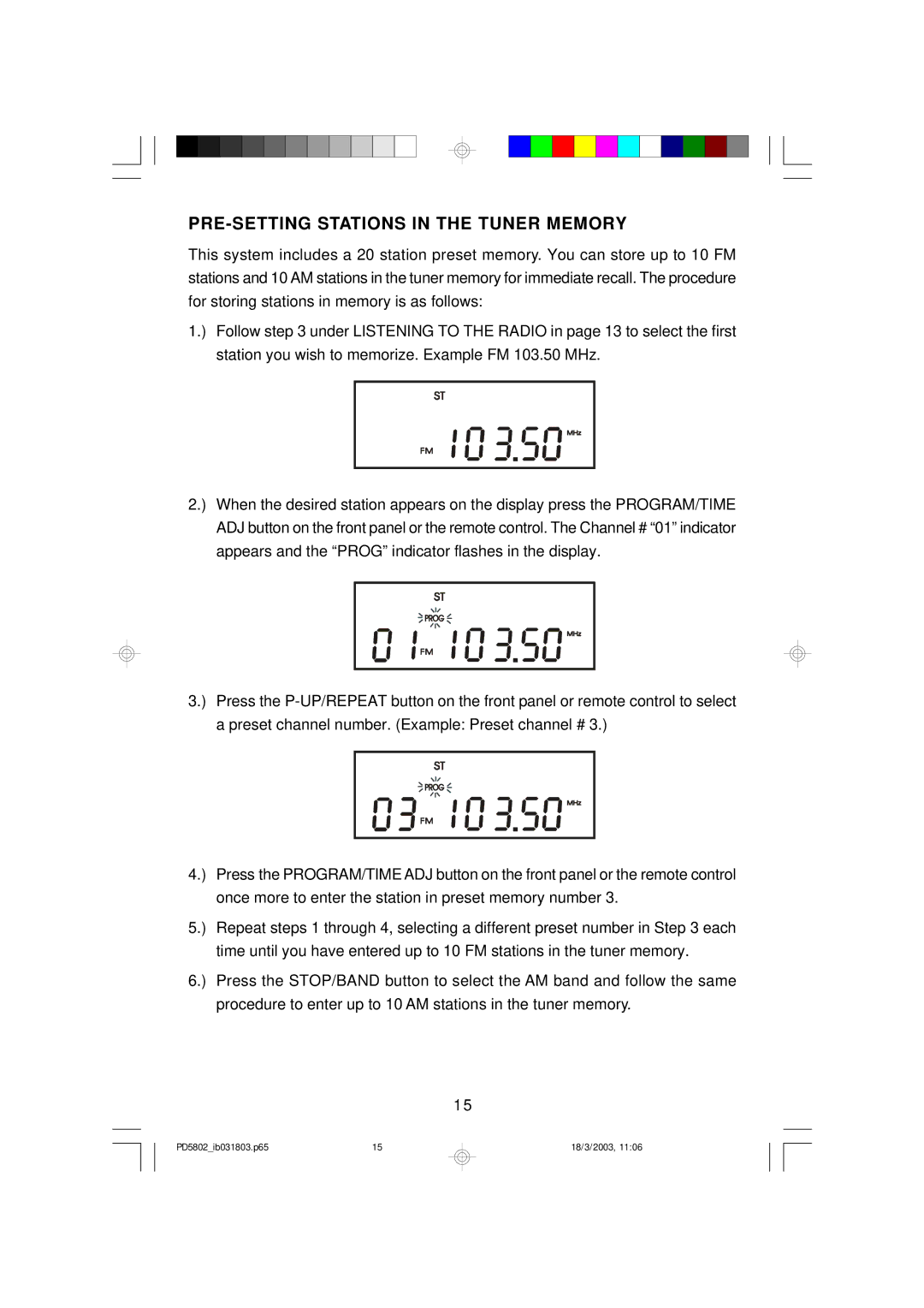 Emerson PD5802 owner manual PRE-SETTING Stations in the Tuner Memory 