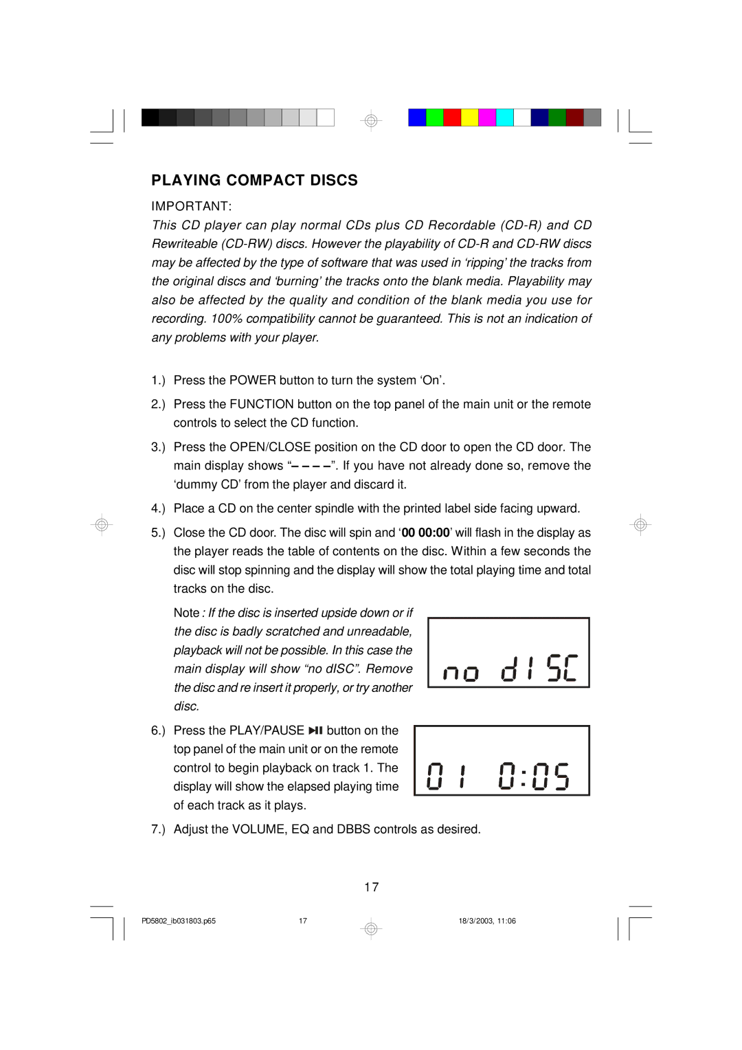 Emerson PD5802 owner manual Playing Compact Discs 