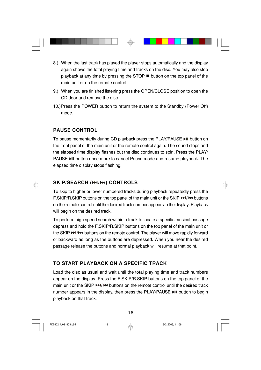 Emerson PD5802 owner manual Pause Control, SKIP/SEARCH / Controls, To Start Playback on a Specific Track 