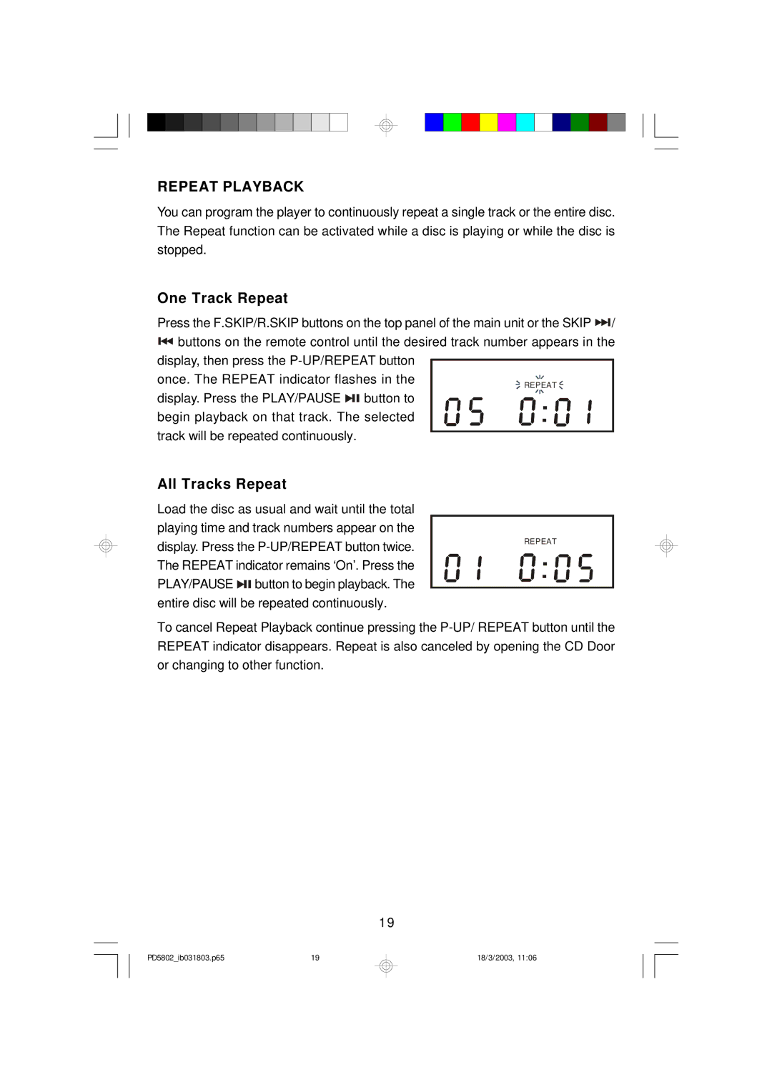 Emerson PD5802 owner manual Repeat Playback, One Track Repeat, All Tracks Repeat 