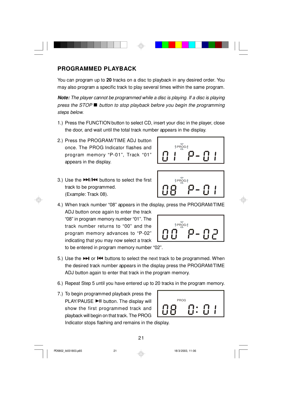 Emerson PD5802 owner manual Programmed Playback 