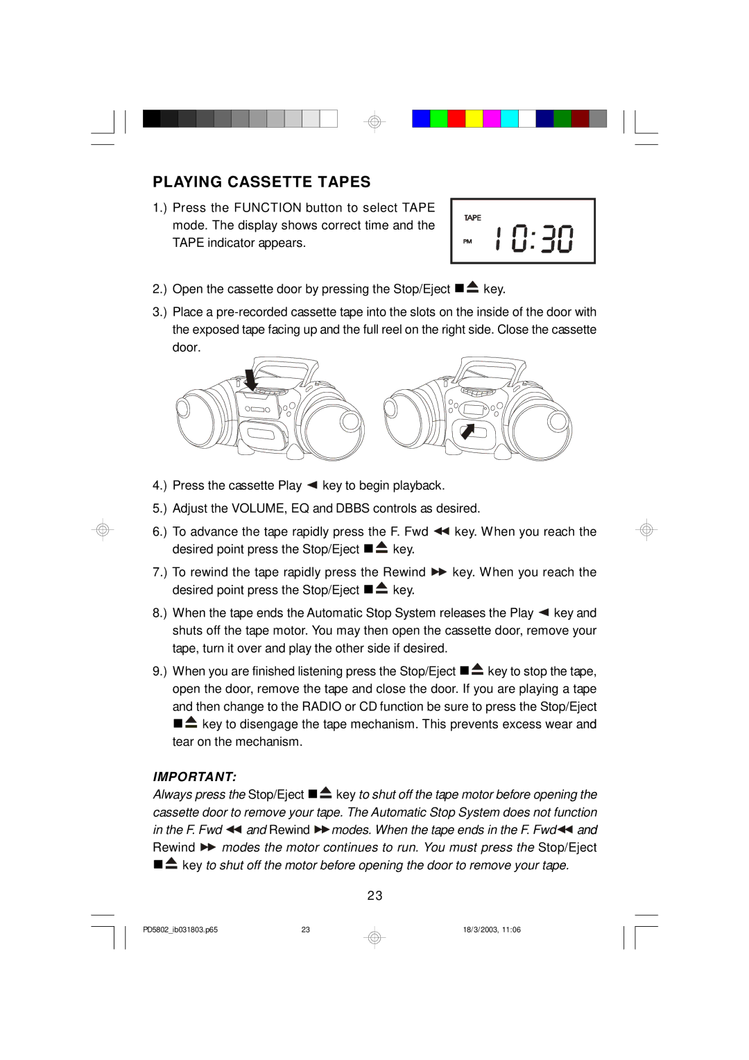 Emerson PD5802 owner manual Playing Cassette Tapes 