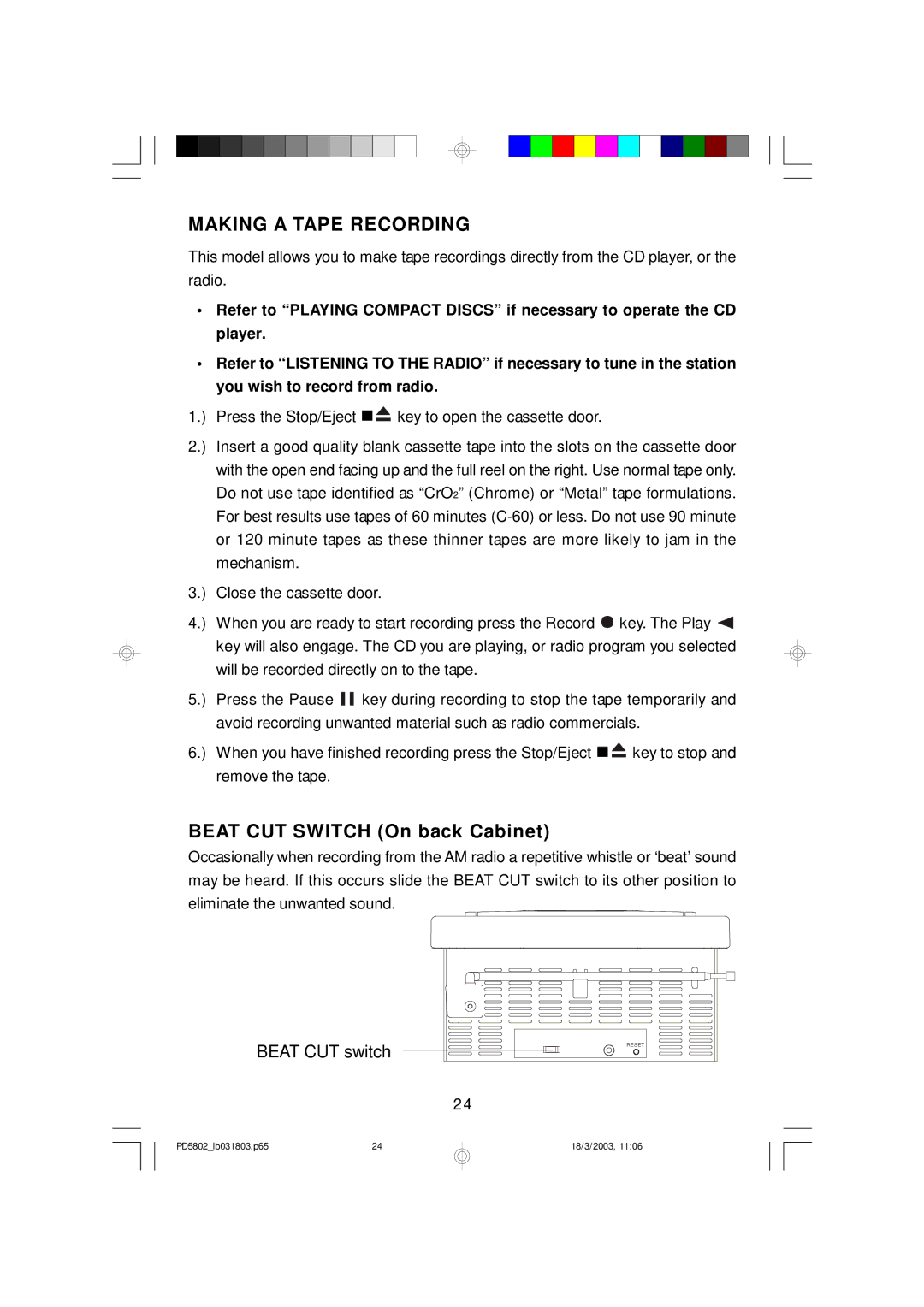 Emerson PD5802 owner manual Making a Tape Recording, Beat CUT Switch On back Cabinet 