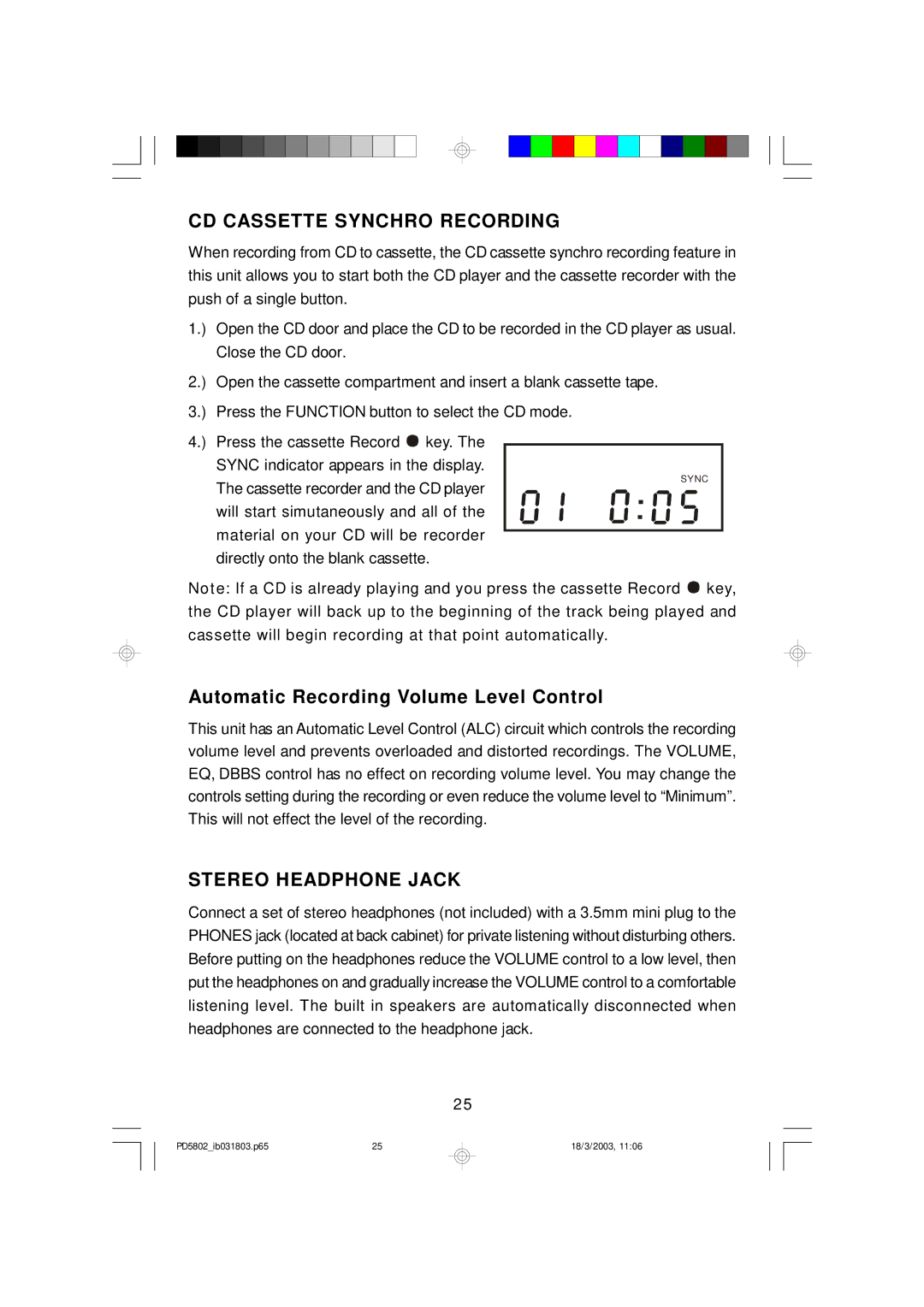 Emerson PD5802 owner manual CD Cassette Synchro Recording, Stereo Headphone Jack 