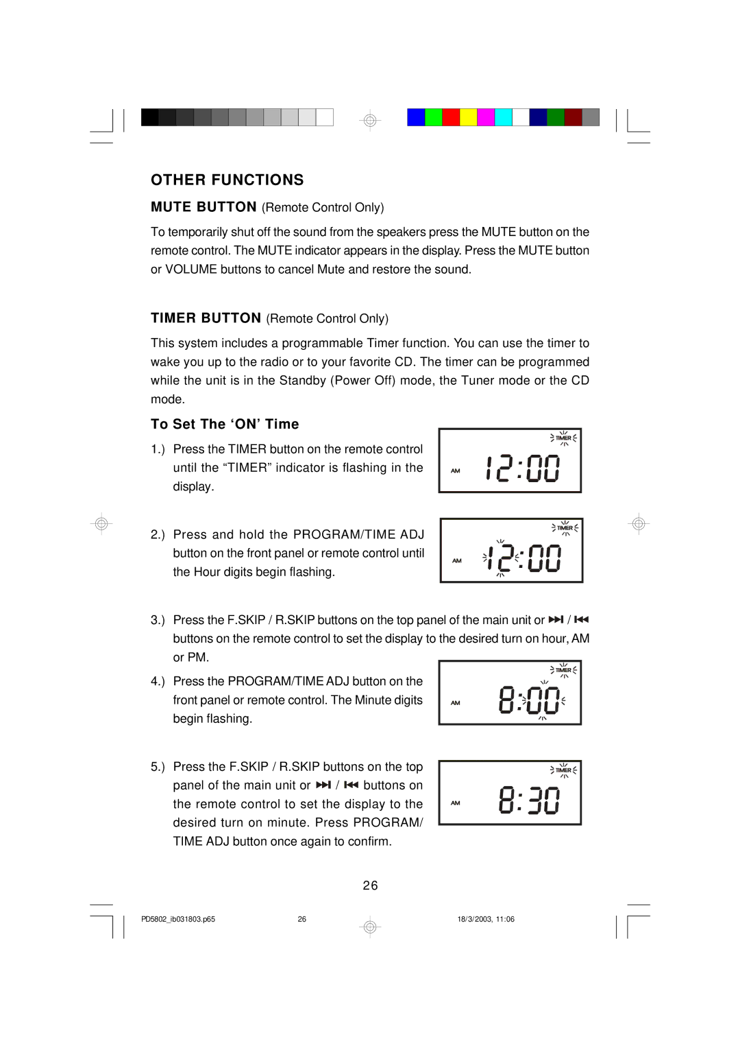 Emerson PD5802 owner manual Other Functions, To Set The ‘ON’ Time 