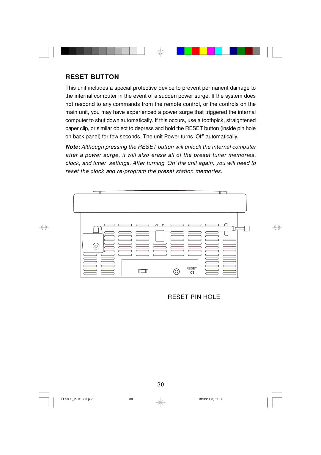 Emerson PD5802 owner manual Reset Button 