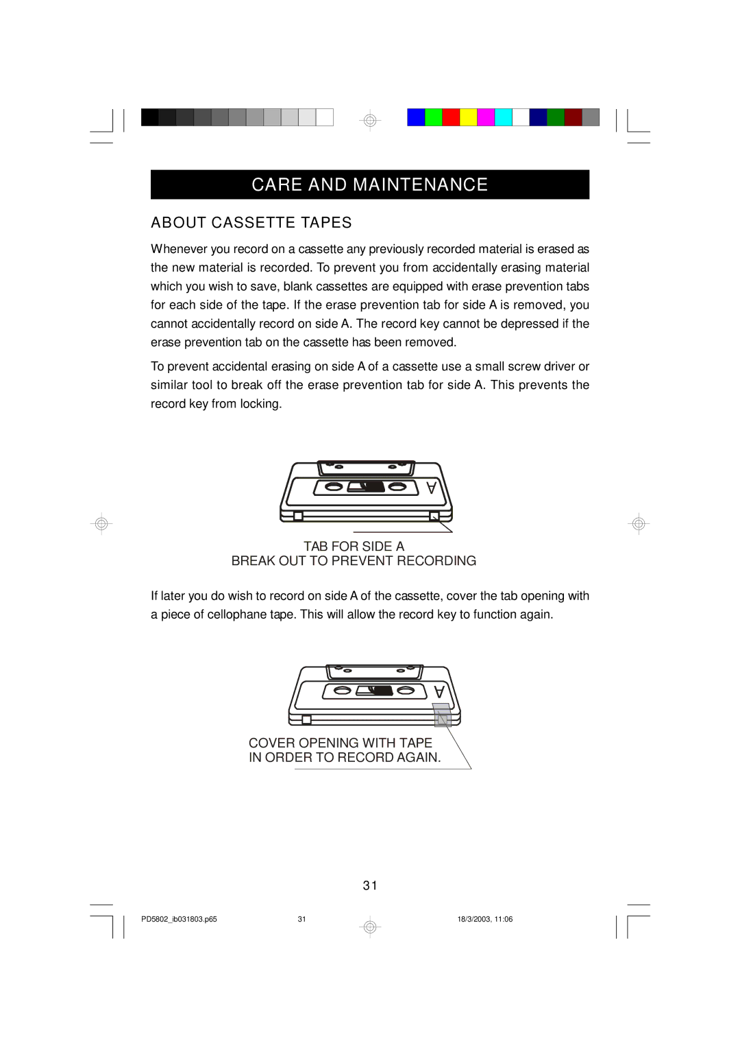 Emerson PD5802 owner manual Care and Maintenance, About Cassette Tapes 