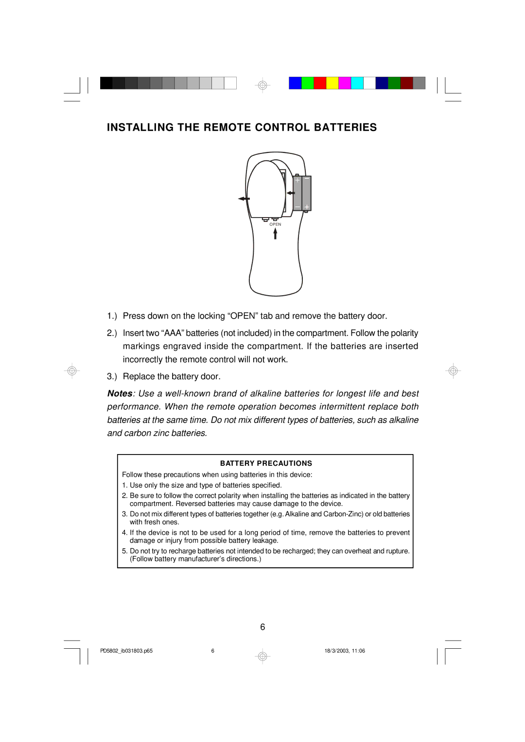 Emerson PD5802 owner manual Installing the Remote Control Batteries, Battery Precautions 