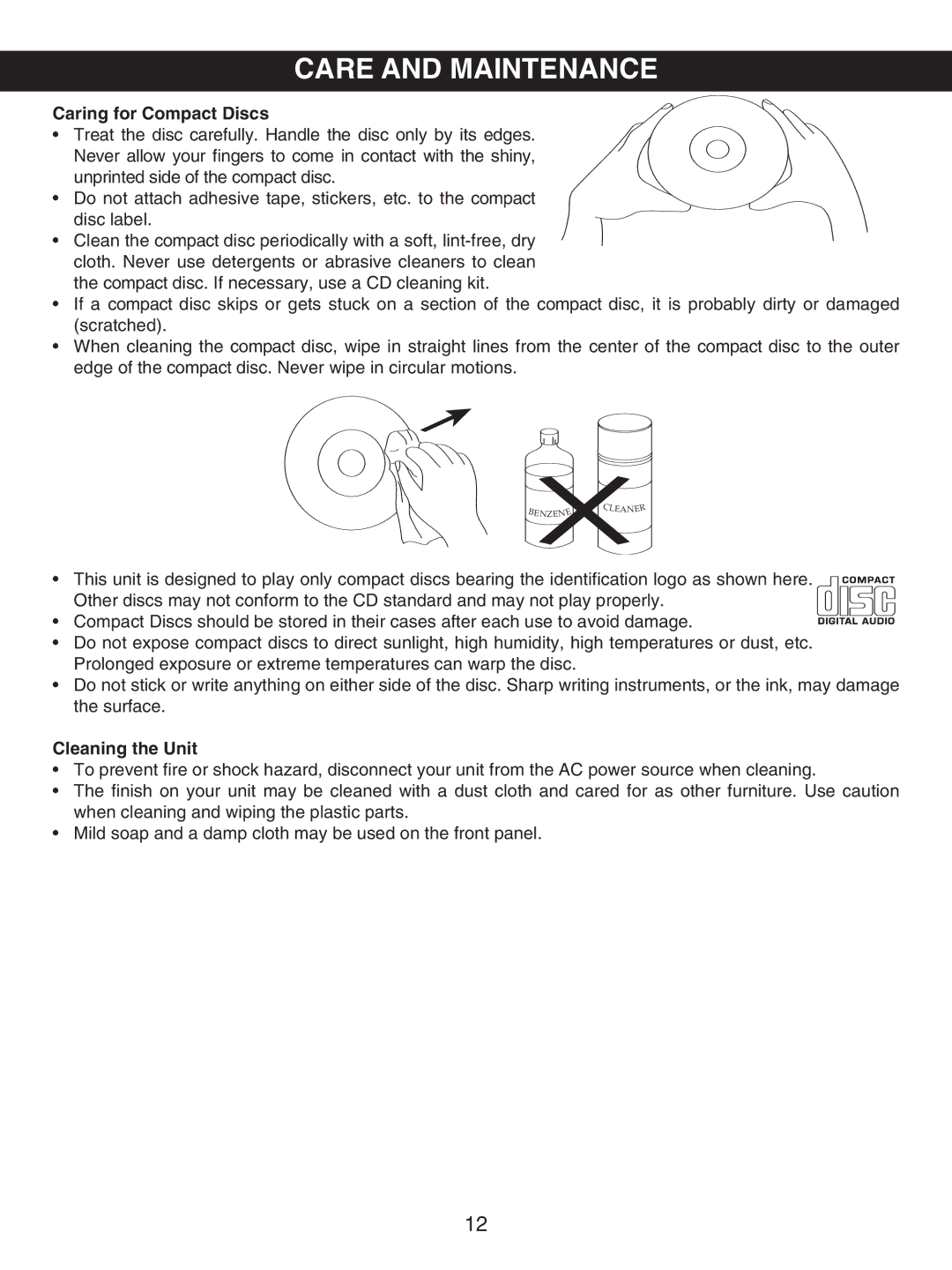 Emerson PD5812 owner manual Care and Maintenance, Caring for Compact Discs 