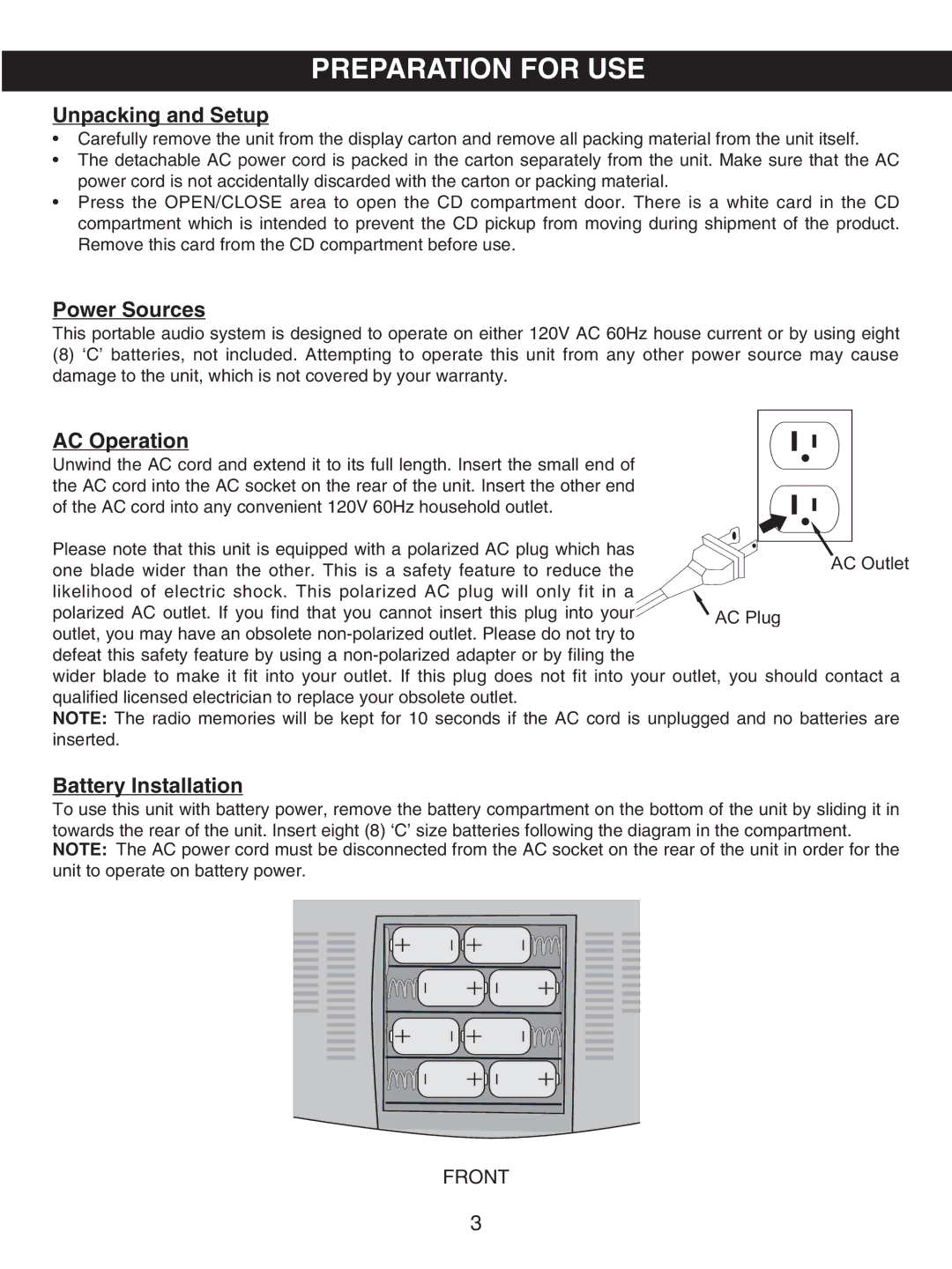 Emerson PD5812 owner manual Preparation for USE, Unpacking and Setup 