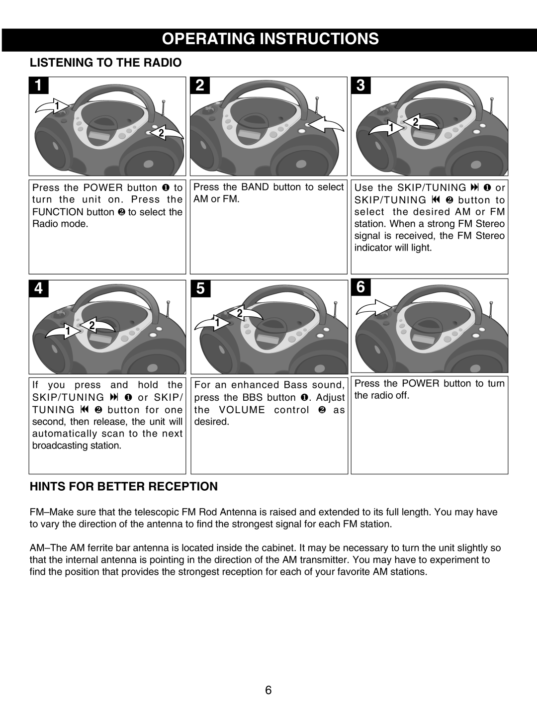 Emerson PD5812 owner manual Operating Instructions, Listening to the Radio, Hints for Better Reception 