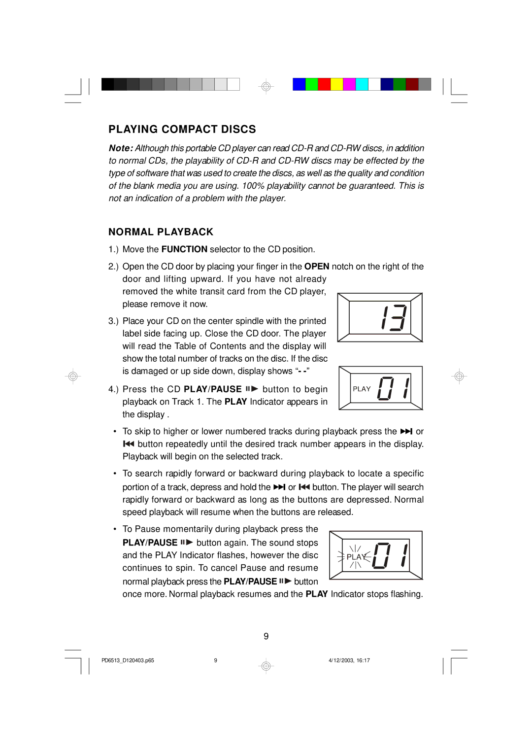 Emerson PD6513 owner manual Playing Compact Discs, Normal Playback 