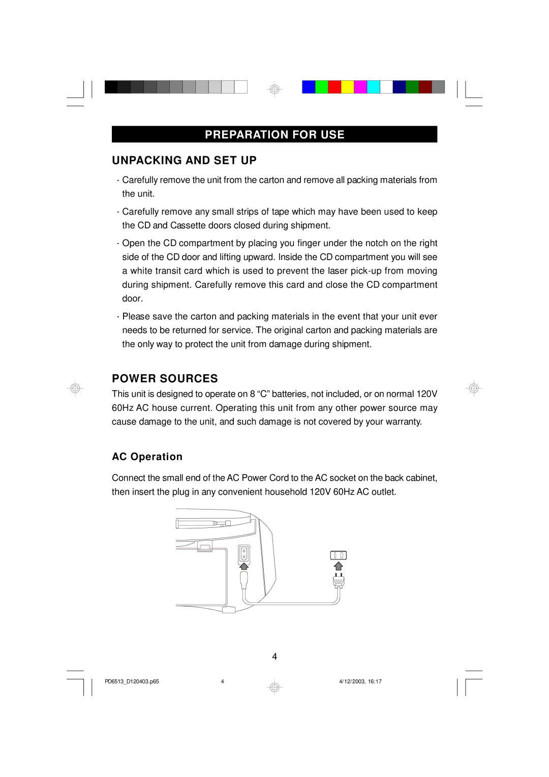 Emerson PD6513 owner manual Preparation for USE, Unpacking and SET UP, Power Sources, AC Operation 