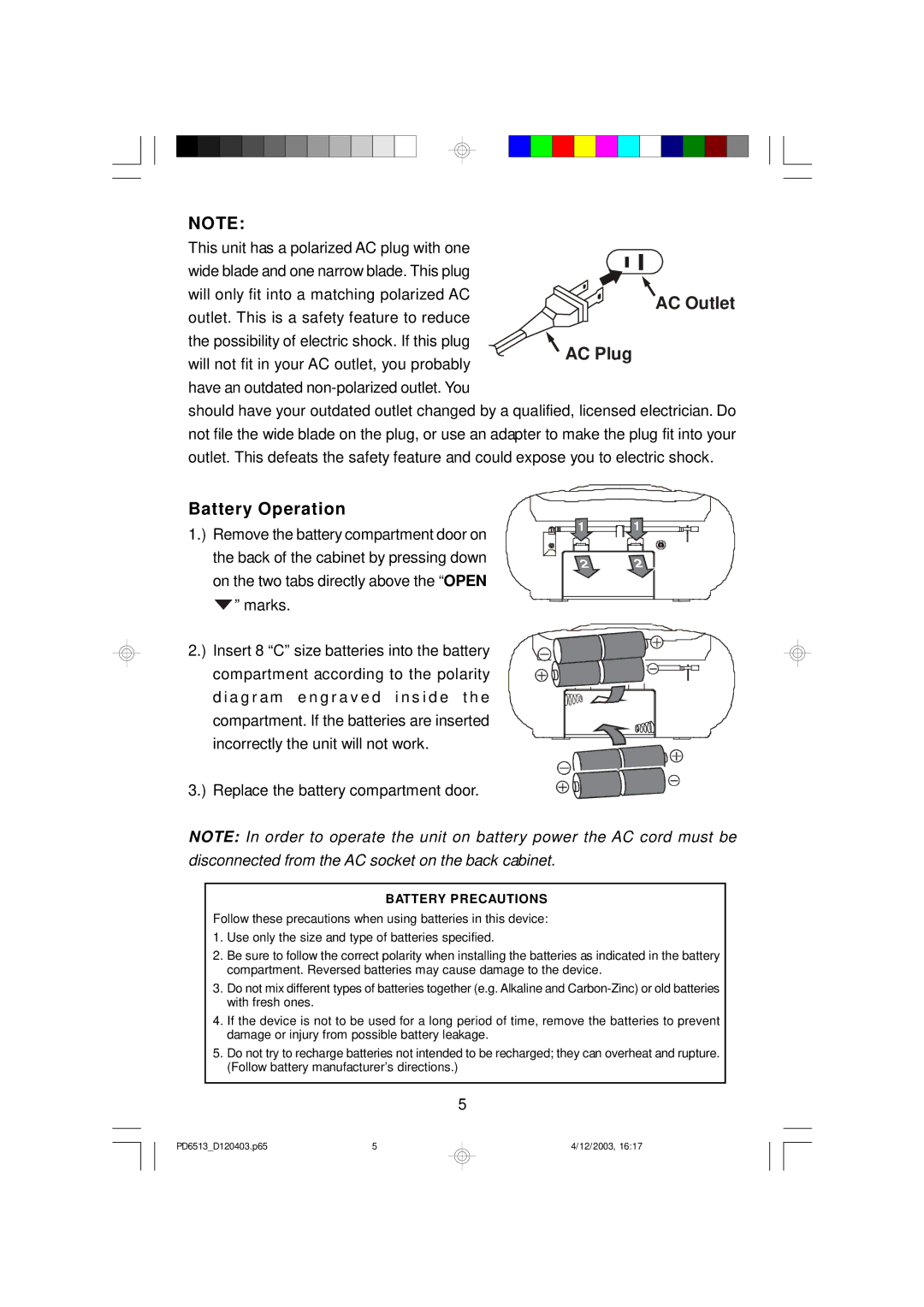 Emerson PD6513 owner manual Battery Operation, Battery Precautions 