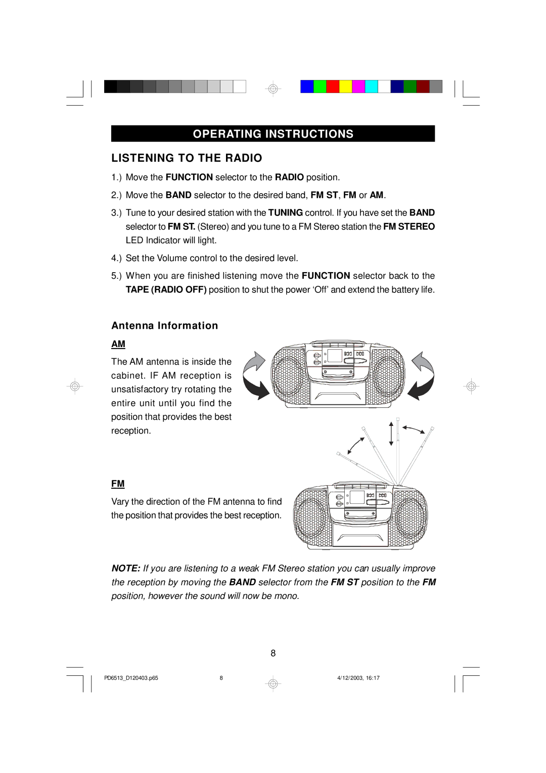 Emerson PD6513 owner manual Operating Instructions, Listening to the Radio, Antenna Information 