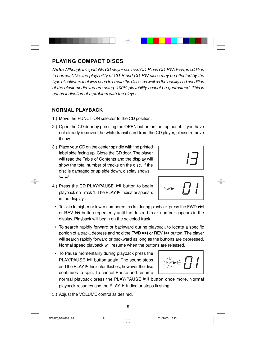 Emerson PD6517 owner manual Playing Compact Discs, Normal Playback 