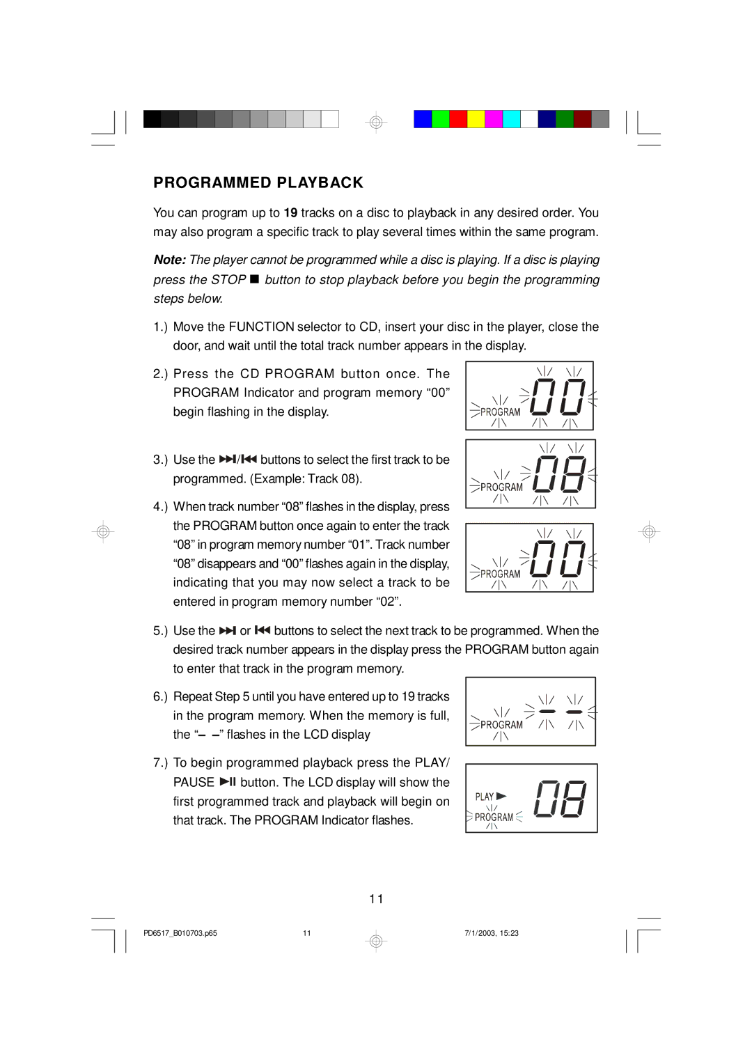 Emerson PD6517 owner manual Programmed Playback 